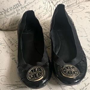 Tory Burch Black Patent Logo Cap-Toe Ballet Flats